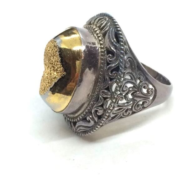 🌹 Vintage Heavy Gold Druzy Stone 925 Sterling Silver Chunky Oxidized Ring - Picture 5 of 11